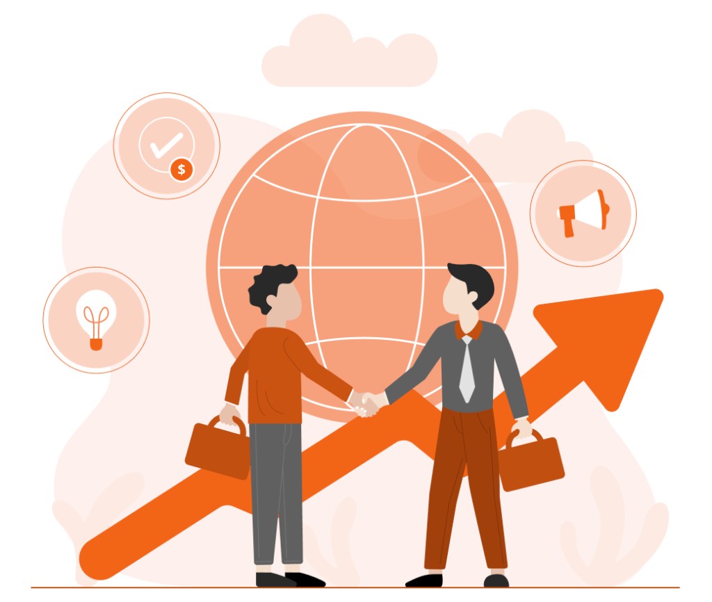 Ilustrasi kemitraan bisnis: jabat tangan, globe, dan pertumbuhan